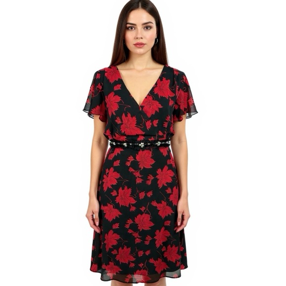 CHANGES By TOGETHER Women’s Sz 16 Midi Dress Romantic Red Black Floral Whimsical - Picture 1 of 14